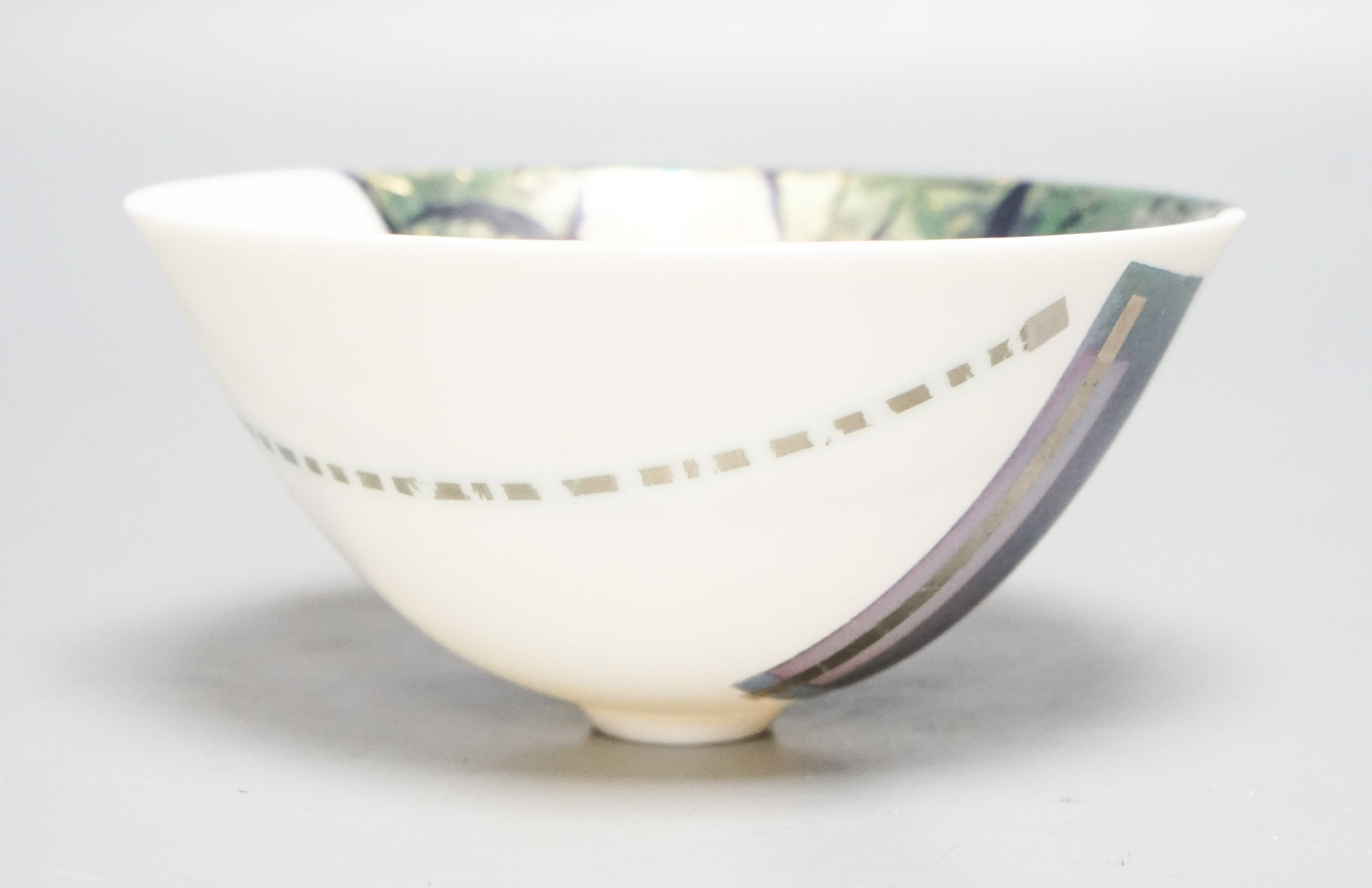 Tony Laverick (b.1961), a geometric metallic lustre decorated porcelain bowl 15cm